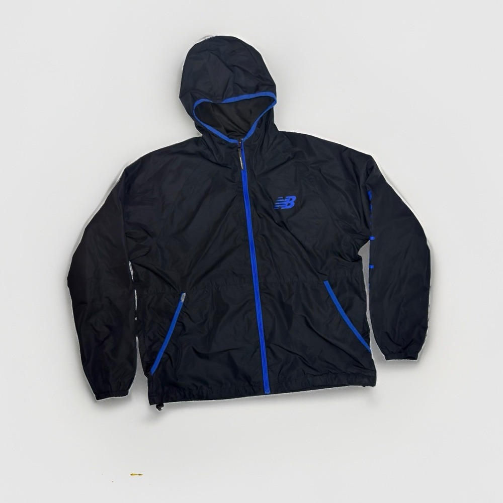 New Balance Men's Windbreaker Jacket XL Black Blue Hooded Full Zip Running